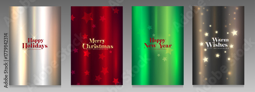 Set of covers for Christmas and New Year's greetings. Vector backgrounds with metallic finish, glossy and iridescent effect for cards, festive projects with minimal, modern and elegant designs.