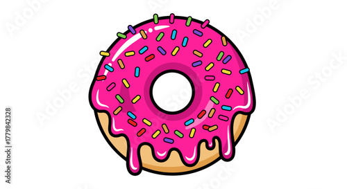 Delicious Pink Frosted Donut with Colorful Sprinkles Isolated on White Background Cartoon Style Illustration