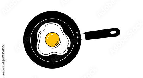 Perfectly Fried Egg Cooking in a Black Frying Pan Isolated on White Background Cartoon Style