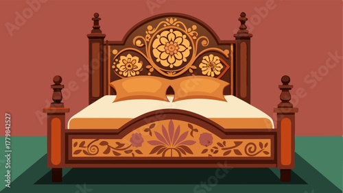 A bedroom with a handmade wooden bed frame carved with delicate floral patterns and adding a touch of nature to the room.