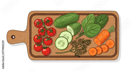 Fresh Vegetables Cherry Tomatoes Cucumber Carrot Spinach Dill on Wooden Cutting Board Isolated on White Background