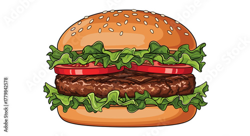 Delicious Burger Isolated on White Background With Fresh Lettuce and Tomatoes