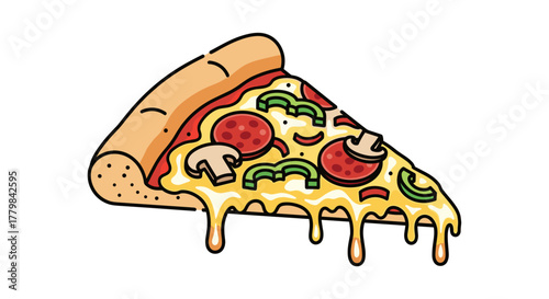 Delicious slice of pepperoni mushroom and green pepper pizza with melting cheese isolated on white background