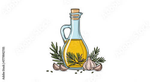 Fresh Rosemary and Garlic Infused Olive Oil in a Glass Bottle with Cork Isolated on White Background