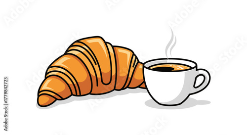 Golden Croissant and Steaming Coffee Cup Isolated on White Background Delicious Breakfast Pastry Illustration