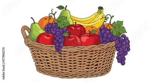 Fresh Fruit Basket Assortment Healthy Organic Produce Isolated on White Background Cartoon Style Illustration