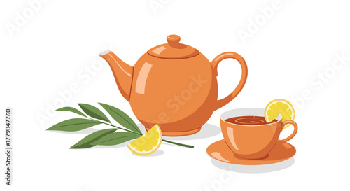 Orange Teapot and Cup with Lemon and Green Leaves Isolated on White Background