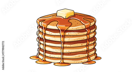 Delicious Stack of Pancakes Drizzled with Maple Syrup and Butter Isolated on White Background