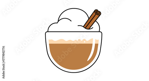 Cozy Autumn Beverage with Whipped Cream and Cinnamon Stick Isolated on White Background