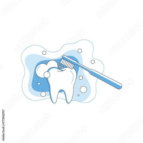 Conceptual line art illustration of brushing a molar tooth with a toothbrush and foam, a symbol of dental hygiene and oral healthcare