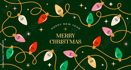 Christmas background with colorful Christmas lights. Happy New Year and Merry Christmas card, banner and poster design.