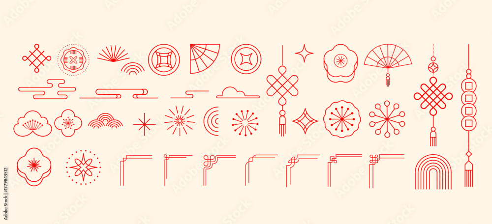 Fototapeta premium Minimalist linear red decorative elements for Chinese New Year designs