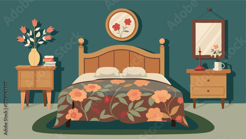 A bedroom with a reclaimed wood headboard vintage floral bedding and a retro vanity table.