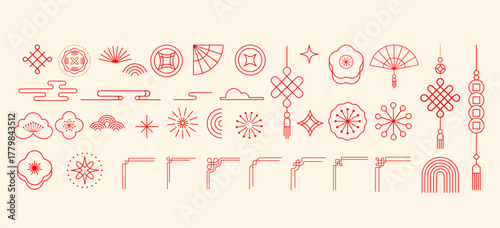 Minimalist linear red decorative elements for Chinese New Year designs