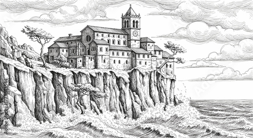 Old Italian Seaside Village Perched on Rugged Cliffs With Crashing Waves And Dramatic Sky