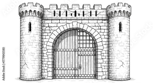 Historic Stone Castle Gate With Tall Towers Guarding Entrance And Wooden Barrier For Protection Isolated On White