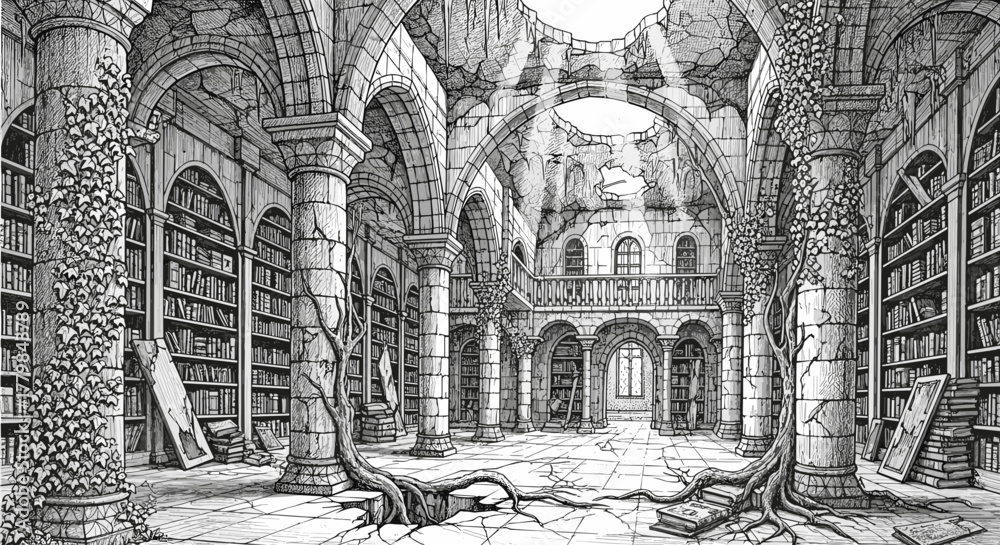 Fototapeta premium Enchanting ancient library ruins overgrown with vines illuminated by ethereal sunbeams detailed ink illustration