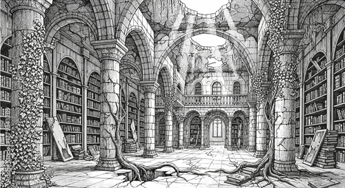 Enchanting ancient library ruins overgrown with vines illuminated by ethereal sunbeams detailed ink illustration