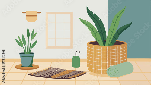A bathroom decorated with a seagrass basket as a wastebasket a bamboo bath mat and a s plant in a woven planter.