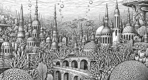 Underwater City Landscape With Ancient Architecture And Marine Life Illustration