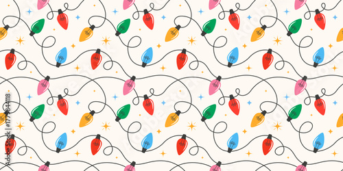 Colorful Christmas lights seamless pattern. Christmas background with festive lights garlands.