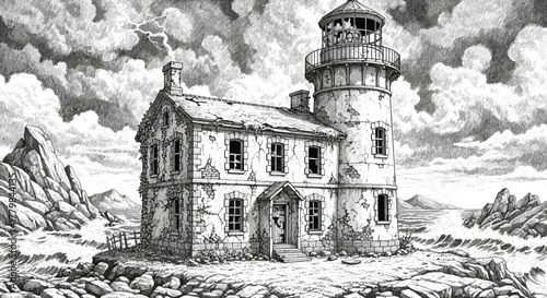 Hauntingly beautiful abandoned lighthouse standing defiantly against dramatic stormy seas and rugged rocky coastline detailed pen and ink illustration