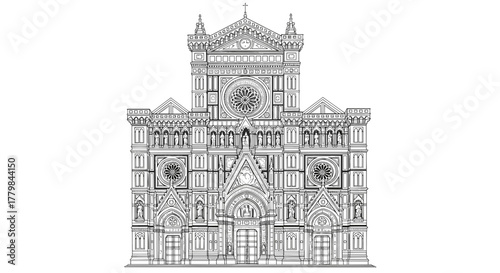 Elegant Hand Drawn Architectural Sketch of a Grand Renaissance Cathedral Facade with Intricate Details Isolated on White Background