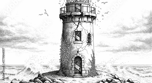 Dramatic Lighthouse on Rocky Island Guidance Hope Beacon Over Stormy Seas Black and White Illustration