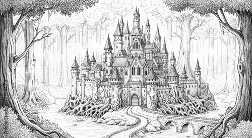 Ornate Fantasy Castle Emerging from Enchanted Forest Roots Elaborate Architecture Majestic Landscape Illustration