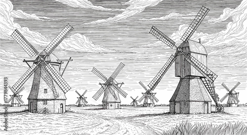 Vintage Dutch Windmills Standing In A Field With A Cloudy Sky In A Detailed Ink Drawing Style
