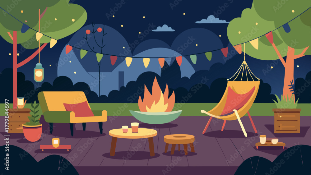 Naklejka premium A backyard patio with an outdoor fireplace surrounded by string lights and cozy seating options like a hammock or hanging swing chair.
