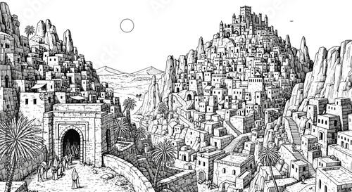 Intricate ancient city nestled within rocky mountains in detailed line art style with a grand arched entrance