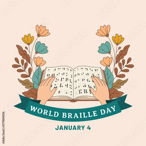 World Braille Day illustration with hands reading braille book