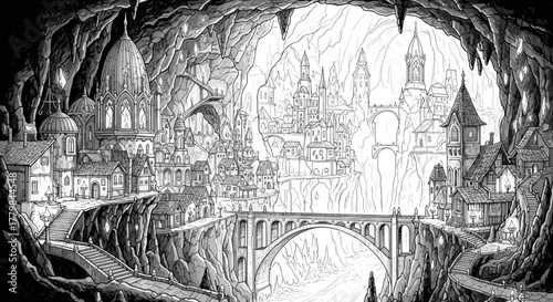 Enchanting subterranean city with intricate architecture spanning a vast cavern and bridge fantasy art illustration