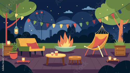 A backyard patio with an outdoor fireplace surrounded by string lights and cozy seating options like a hammock or hanging swing chair.