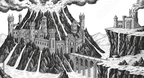 Epic Fantasy Castle on Volcano Mountain Surrounded by Lava Flow and Dramatic Stormy Clouds