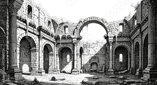Ancient Roman Ruined Temple Interior Architecture with Arches and Columns in Dramatic Sunlight and Shadow