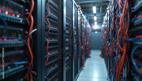 Server room packed with blinking lights and tangled wires. Racks of computers hum with activity in a data center. Technology infrastructure for AI and cloud computing.