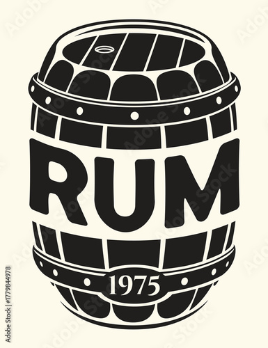 Vector banner or label for a bottle of rum on an old paper background. With a barrel, frame and inscriptions. Logo in vintage style. Coaster. AI is not used.