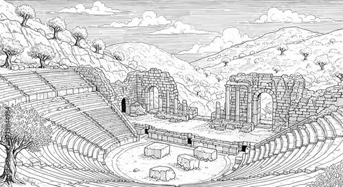 Ancient Ruins Amphitheater Surrounded by Olive Groves and Hills in a Vintage Illustration Style