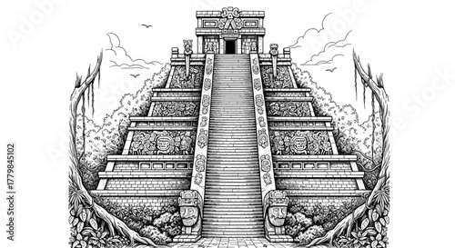 Ancient Mayan Pyramid Temple with Stone Steps and Lush Jungle Overgrowth Drawing