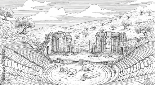 Ancient Greek Roman Amphitheater Ruins Stone Seating Landscape Drawing Artistic Historic