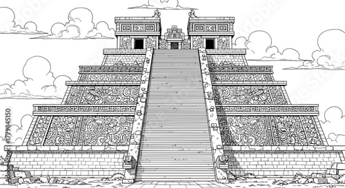 Ancient Mesoamerican pyramid with grand stone staircase leading to temple complex under cloudy sky cartoon-style illustration