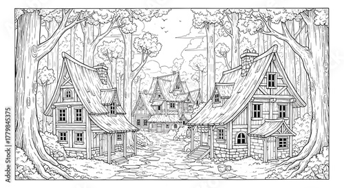 Enchanting Forest Village Scene With Rustic Medieval Cottages And Lush Trees