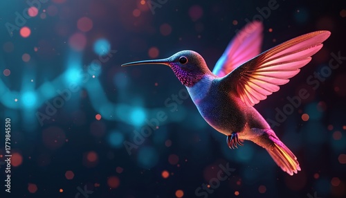 Neon digital hummingbird with pixel texture flies through glowing tech data stream. Futuristic bird represents AI, network connection, big data flow, global info. Abstract modern innovation concept