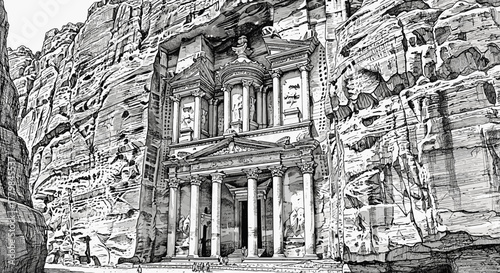 Iconic Ancient Nabatean Treasury Facade Carved Into Sandstone Cliff Face in Petra Jordan Architectural Wonder