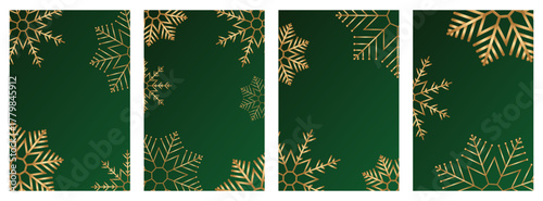 Luxury Christmas green backgrounds with golden snowflakes. Set of vertical Christmas posters copy space elegant winter templates for invitations, greeting cards, sales or social media. Vector design