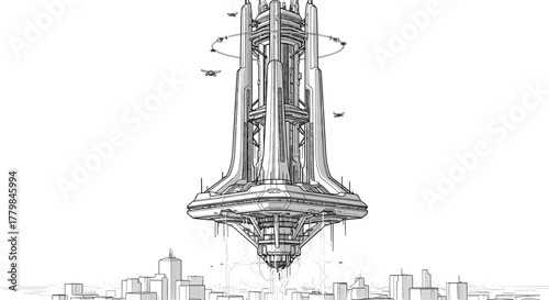  Futuristic alien skyscraper descending upon a stylized cityscape cartoon illustration concept art
