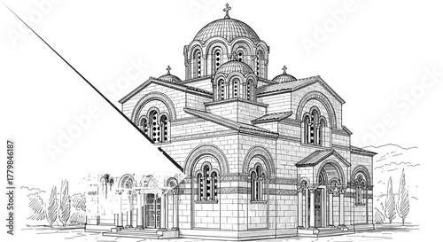 Orthodox Church Byzantine Architecture Drawing Isolated on White Background Detailed Exterior View