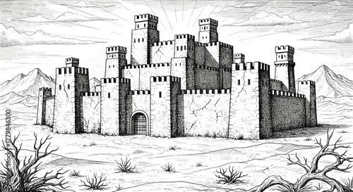 Ancient stone castle fortress with towers and battlements standing tall against a bright sky in a barren landscape